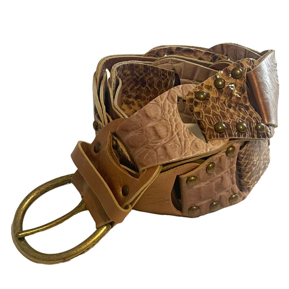 Leatherock Mixed Media Leather Statement Belt Womens Size S/M Tan Animal Print